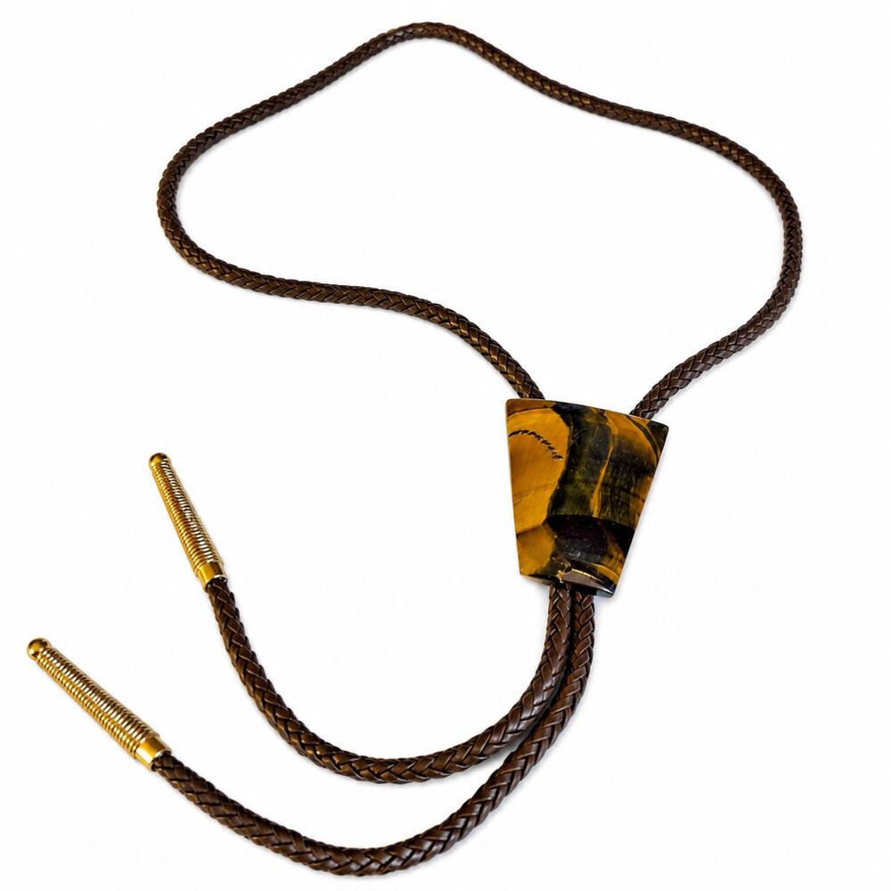 VTG Bennett Western Bolo Tie Brown Braided Leather TigerTiger Eye Gemstone Slide
